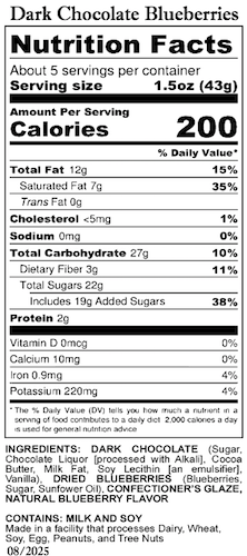 Dark Chocolate Blueberries 8oz Nutrition and Ingredients