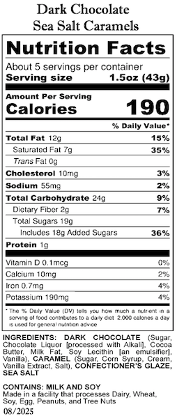 Dark Chocolate Sea Salt Caramels 8oz Nutrition and Ingredients